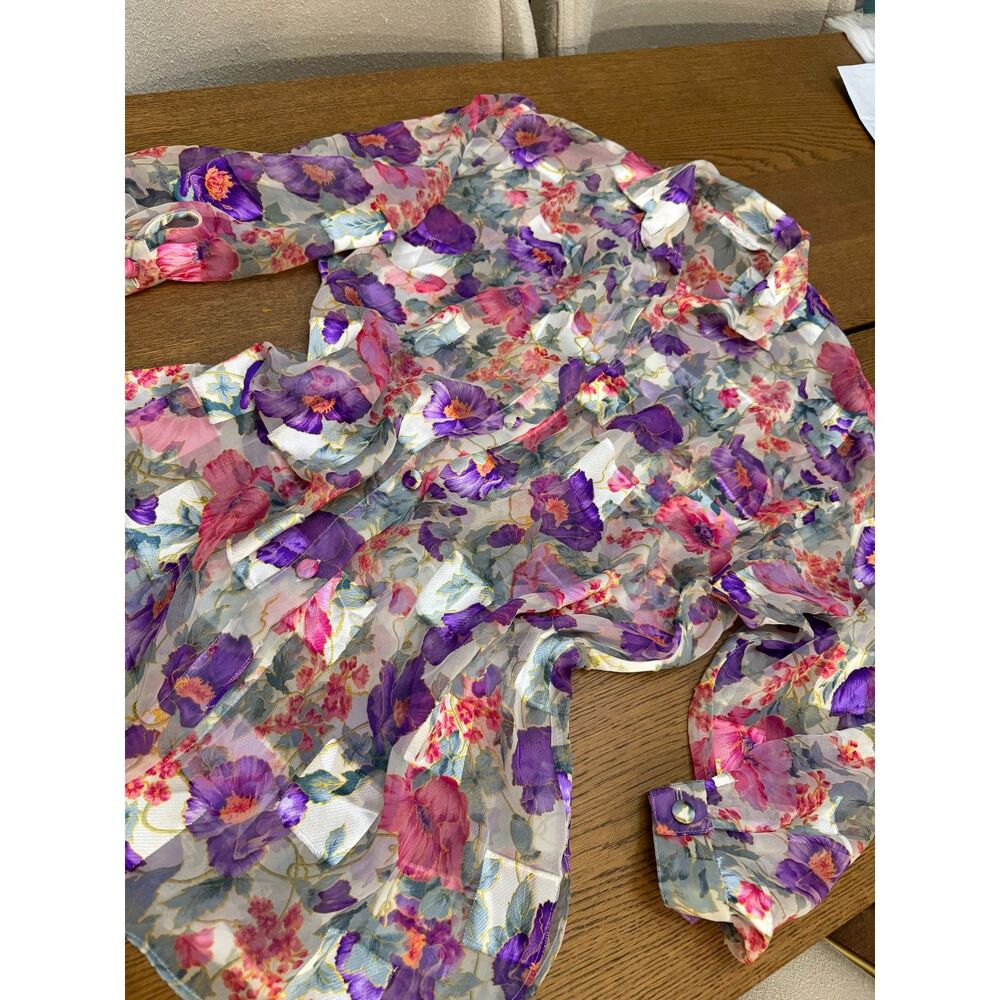 Vintage Sheer Silk Watercolor Floral Sheer Patchwork Blouse Size L
